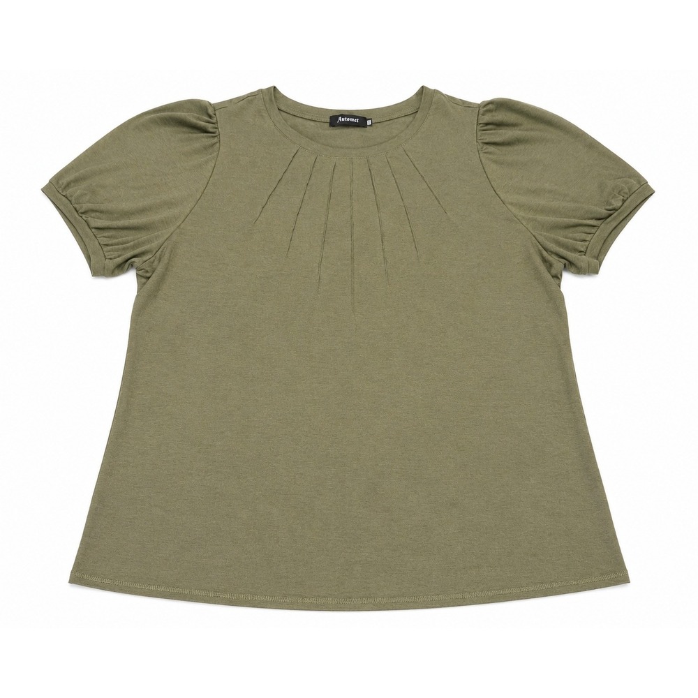 Automet Womens Olive Green Pleated Neckline Short Puff‎ Sleeve Blouse Size XXL